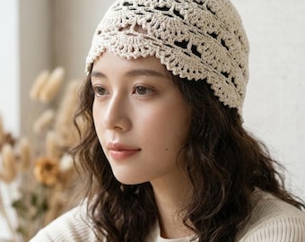 Vintage Floral Lace Crochet Beanie, Korean Style Lightweight Hat (PDF Pattern)