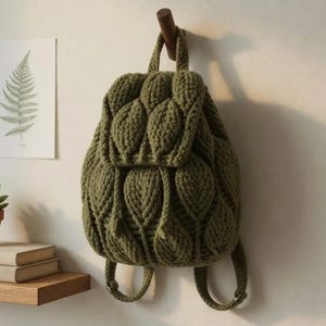 May include: Olive green knitted backpack with a leaf pattern design. The backpack hangs on a wooden peg on a white wall. A small succulent in a terracotta pot and a fern print are also visible.