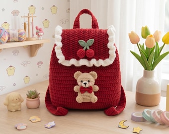Crochet Bear Cherry Backpack Pattern, Amigurumi Teddy Bag PDF (Digital Download)