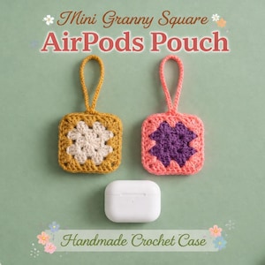 Może przedstawiać: Dwa ręcznie robione etui na AirPods z szydełka w kwadratowy wzór. Jedno jest żółte z białym środkiem, drugie różowe z fioletowym środkiem. Poniżej znajduje się białe etui na AirPods. Tekst brzmi "Mini Granny Square AirPods Pouch" i "Handmade Crochet Case".