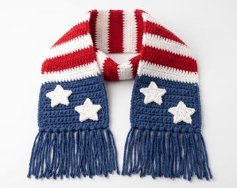 USA Flag Crochet Scarf Pattern, Stars Fringe, Patriotic Americana (PDF Download)