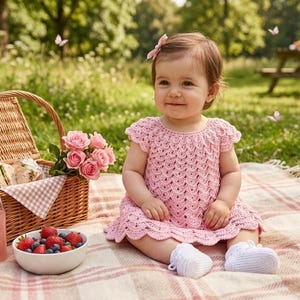 Crochet Baby Dress Pattern, Fluffy Skirt, Textured Yoke, Newborn to 12 Months (PDF Pattern)