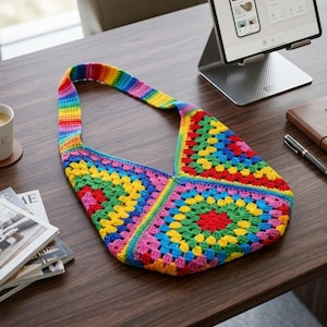 Boho Crochet Granny Square Shoulder Bag Pattern, Modern Handmade Purse PDF