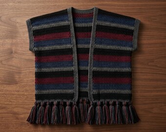 Striped Crochet Tassel Cardigan Pattern, Boho Rectangle Panels (PDF Pattern)