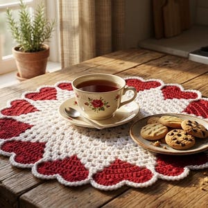 Peut inclure: Une table en bois rustique avec un napperon en crochet blanc et rouge en forme de cœur. Une tasse à thé et une soucoupe fleuries avec du thé et une petite assiette de biscuits sont sur le napperon. Ambiance chaleureuse.