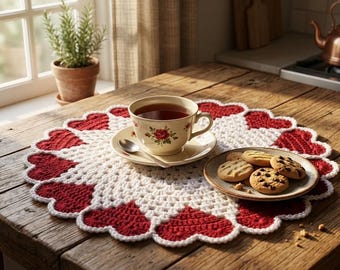 Christmas Doily Crochet Pattern, Heart-Edged Round Table Decor (PDF)
