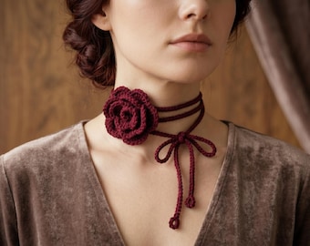 Crochet Rose Choker Necklace Pattern, Easy Floral Tie Accessory (PDF Pattern)