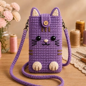 May include: A purple crochet crossbody bag shaped like a cat, featuring two pointed ears with cream-colored centers, black bead eyes, a small cream nose, embroidered whiskers, and two cream-colored paws at the bottom, secured with a wooden button.