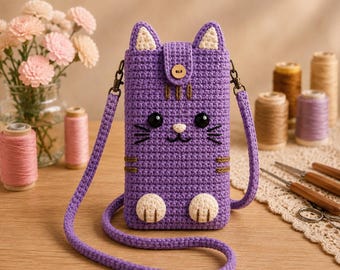 Crochet Cat Phone Bag Pattern, Beginner-Friendly Crossbody Pouch (PDF)