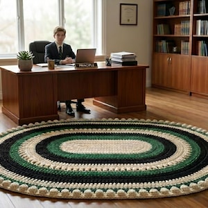 Puede incluir: Una alfombra ovalada tejida a mano con bandas concéntricas de hilo color crema, verde bosque y negro. La alfombra presenta un borde texturizado de puntos de bodoque en color crema, creando un acabado decorativo que contrasta con el centro.