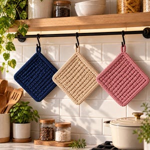 May include: Three square, crocheted potholders hanging from a black metal rod. The potholders are in solid navy blue, cream, and dusty rose colours, each featuring a textured, ribbed stitch pattern and a small loop at the top for hanging.