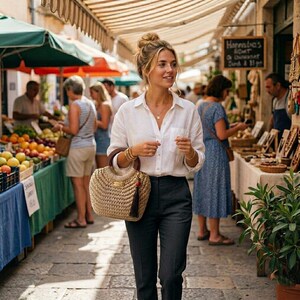 May include: A beige woven straw handbag with a dark brown circular handle and a small dark tassel, featuring a gold-toned rectangular metal plaque on the front. The bag has a structured, rounded shape and is made of a textured, braided material.