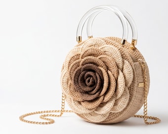 Camellia Crochet Hand Bag Pattern, Layered 3D Flower, Round Bag PDF