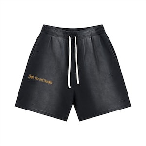 custom sun faded shorts with embroidery ,distressed gym shorts , angel face devil thoughts streetwear ,relaxed fit fleece shorts