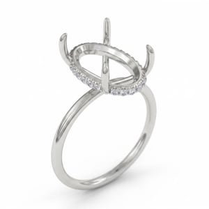May include: A silver ring setting with an oval-shaped center and a band lined with small, sparkling stones. The ring has four prongs to hold a gemstone and a slender, polished band.