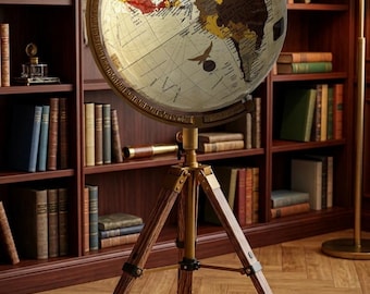 Vintage Floor Standing World Globe with Tripod Stand Nautical Decor Explorer Gift