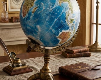 May include: A vintage-style globe with a detailed map of the world, mounted on a brass tripod stand. The globe features shades of blue and earth tones, with visible latitude and longitude markings. A classic decorative piece for a study or office.