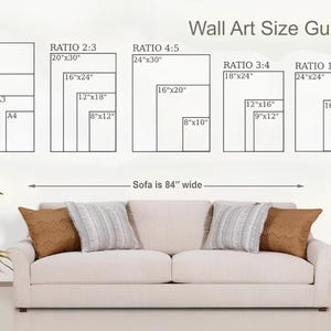 A white graphic with various aspect ratios and sizes for wall art, including A1-A4, 2:3, 4:5, 3:4, and 1:1, with a sofa below labeled "Sofa is 84" wide."