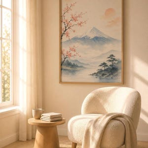 A watercolor print of Mount Fuji with cherry blossoms and a red sun, in a light wood frame, hanging above a white upholstered armchair with a blanket and a side table.