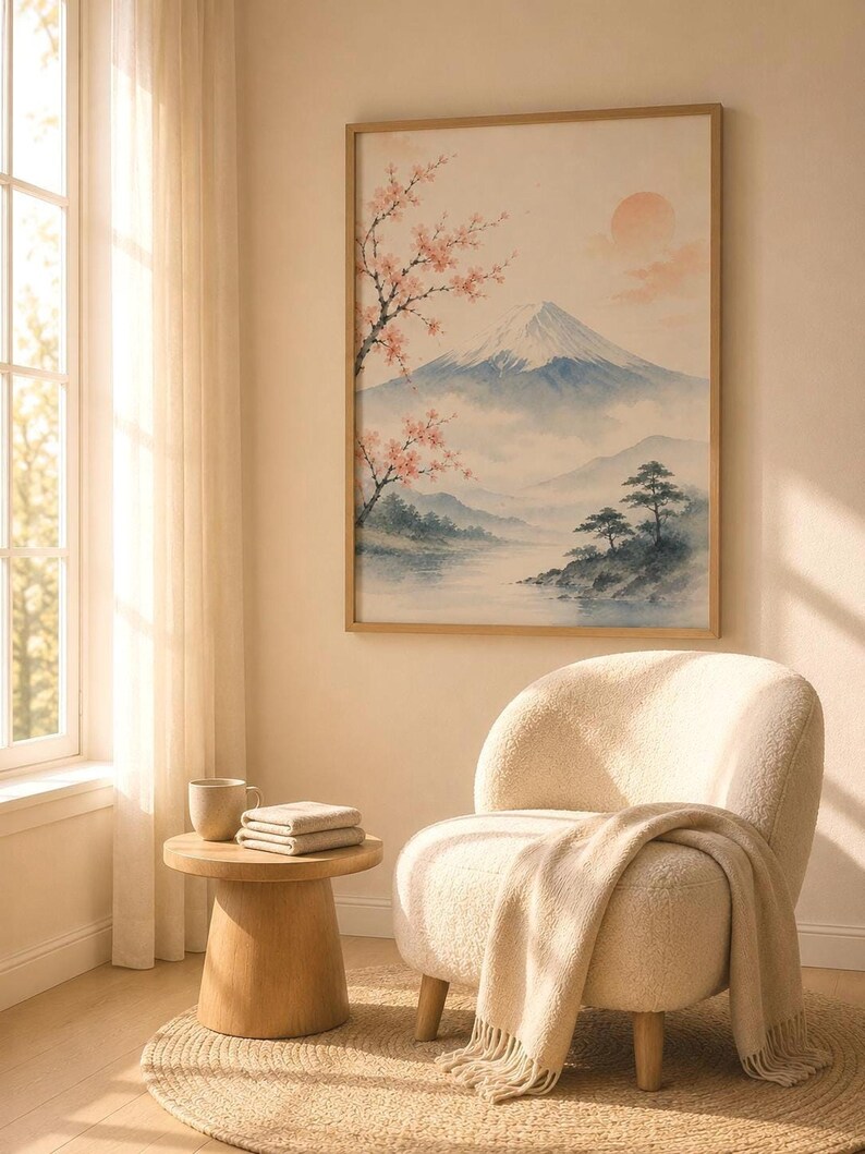 A watercolor print of Mount Fuji with cherry blossoms and a red sun, in a light wood frame, hanging above a white upholstered armchair with a blanket and a side table.