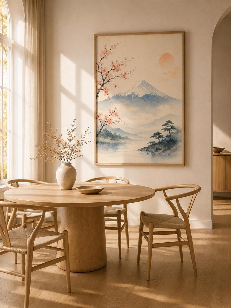 A watercolor print of Mount Fuji with cherry blossoms and a red sun, in a light wood frame, hanging above a round wooden dining table with four chairs.