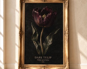 Dark Tulip Wall Art Print, Gothic Botanical Flower Art, Vintage Floral Poster, Dark Academia Decor, Moody Black Floral Wall Decor