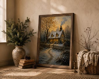 Cozy Winter Cottage Wall Art, Snowy Cabin Printable, Christmas Landscape Art, Rustic Winter Decor, Vintage Farmhouse Holiday Wall Art