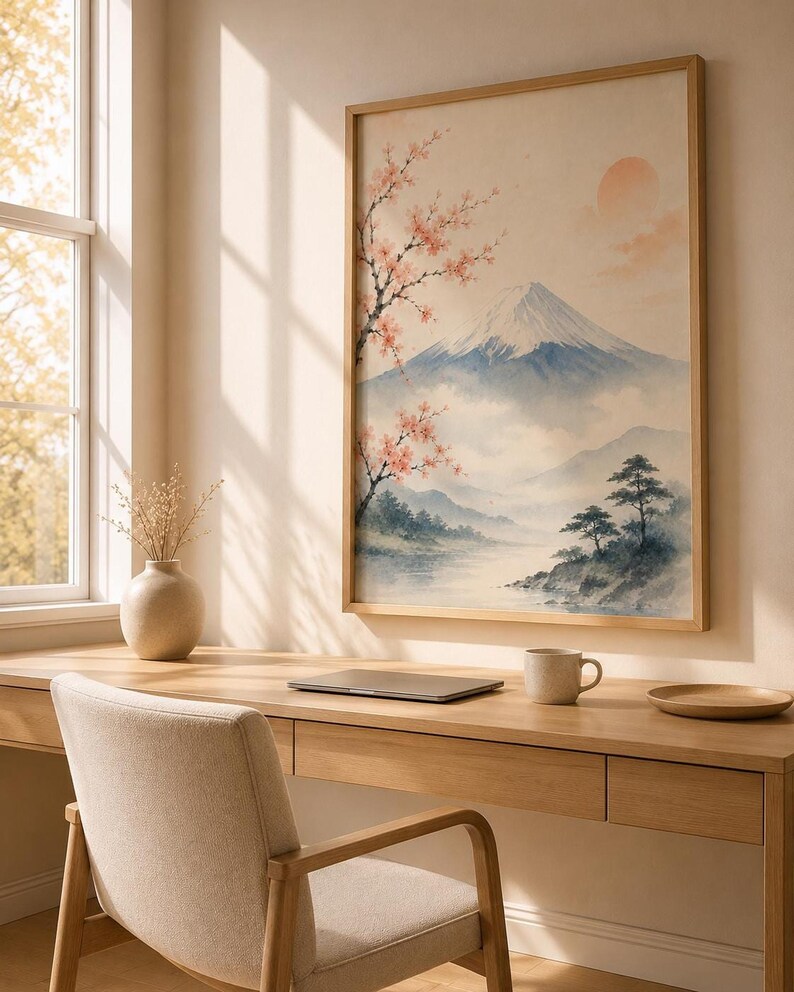 A watercolor print of Mount Fuji with cherry blossoms and a red sun, in a light wood frame, hanging above a wooden desk with a laptop, mug, and a vase with dried branches.