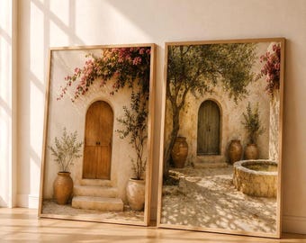 Mediterranean Courtyard Wall Art Set of 2, Rustic Door Prints, Tuscan Villa Decor, Neutral Mediterranean Canvas, Spanish Villa Wall Art