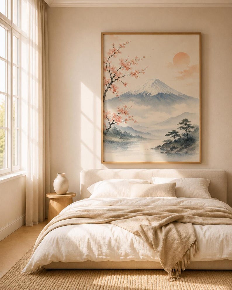A watercolor print of Mount Fuji with cherry blossoms and a red sun, in a light wood frame, hanging above a bed with cream bedding and a white vase on a side table.
