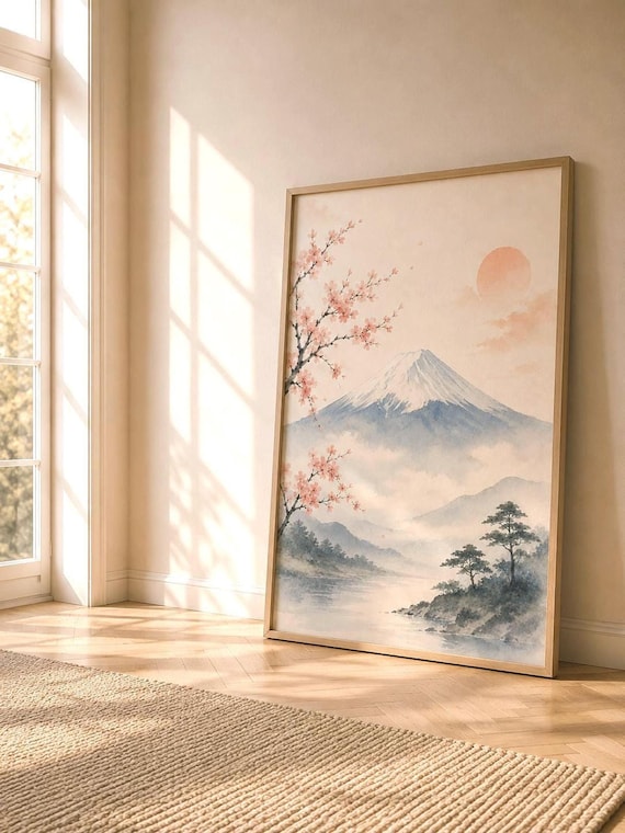 Mount Fuji Art, Watercolor Landscape Canvas Print with Sakura Blossoms