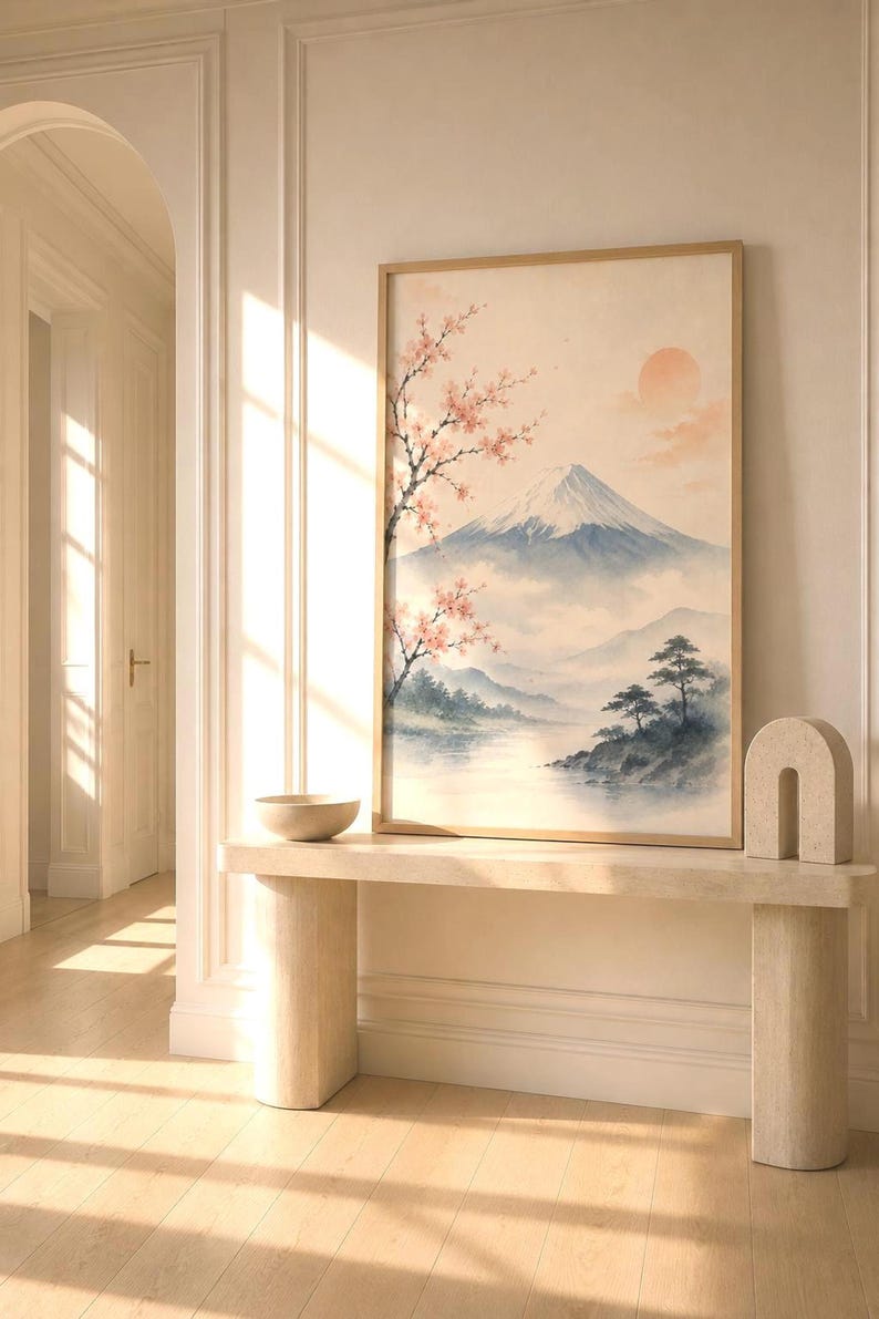 A watercolor print of Mount Fuji with cherry blossoms and a red sun, in a light wood frame, hanging above a light-colored console table with a bowl and a U-shaped sculpture.