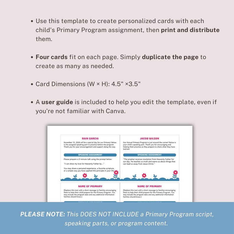 May include: A digital template for personalised cards measuring 4.5 inches by 3.5 inches, designed for Primary Program assignments. The layout includes four cards per page with placeholders for names, speaking assignments, and prompts, featuring floral graphics.
