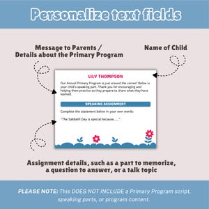 May include: A rectangular card with a white background featuring the text LILY THOMPSON, a message about an Annual Primary Programme, a blue SPEAKING ASSIGNMENT bar, and a prompt about the Sabbath Day. The bottom border has blue hills and flowers.