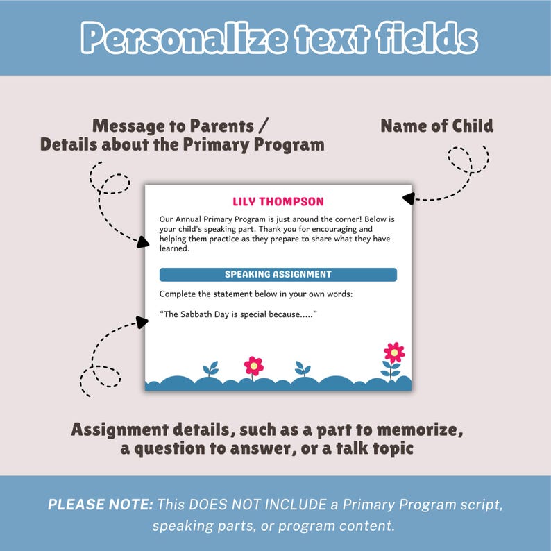 May include: A rectangular card with a white background featuring the text LILY THOMPSON, a message about an Annual Primary Programme, a blue SPEAKING ASSIGNMENT bar, and a prompt about the Sabbath Day. The bottom border has blue hills and flowers.