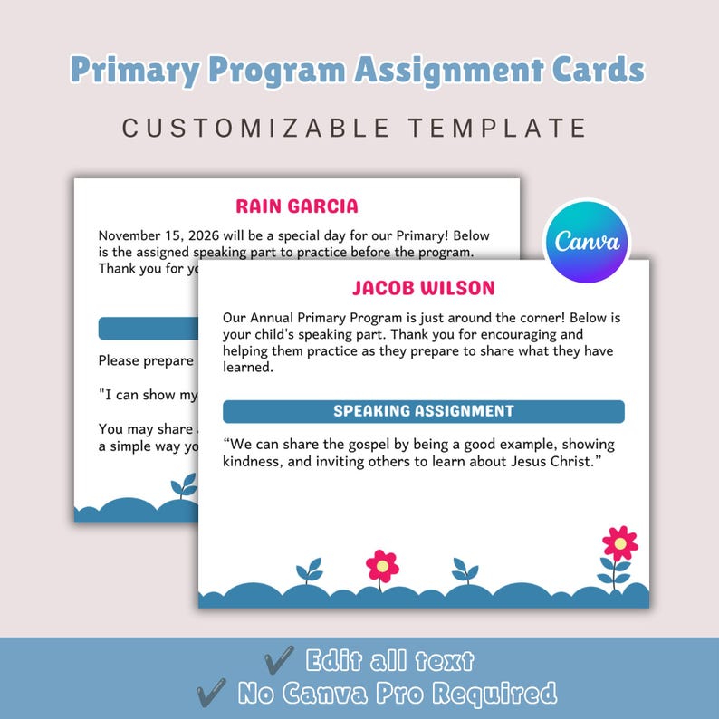 May include: Two white rectangular assignment cards with pink headers, blue text, and a blue scalloped bottom border featuring small flowers. The cards include text about a Primary Program, speaking assignments, and a Canva logo in the corner.