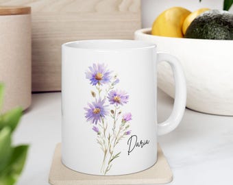 Personalisierte Wildblumen Tasse mit Name, Blumen Keramiktasse, Botanischer Kaffeebecher, Geschenk für Frauen