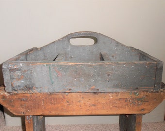 Antique Early Primitive Wood Tool Carrier - Original Dry Blue Paint