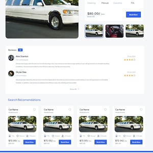 Può includere: Un sito web presenta una limousine bianca con vetri oscurati. Il sito mostra anche un modello di auto Nissan GT-R, recensioni e consigli di ricerca per il noleggio auto. Il sito web offre opzioni di prenotazione.