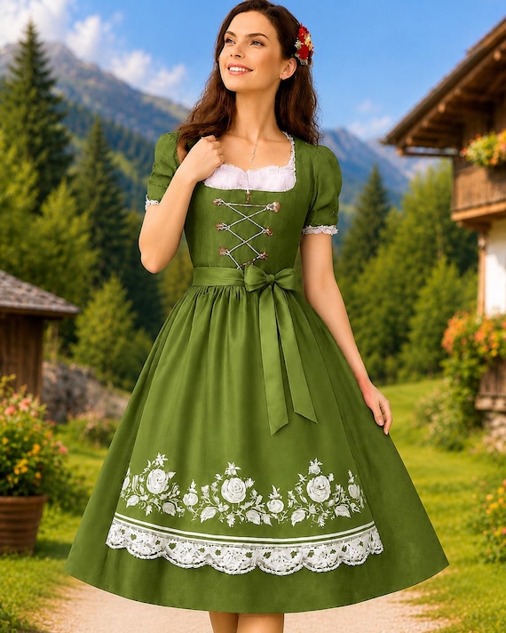 green oktoberfest dress Classic Green Dirndl with White Embroidered Apron