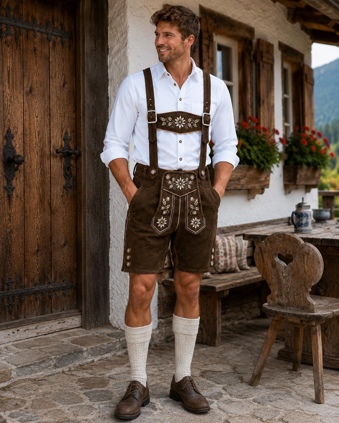 Men's Brown Suede Lederhosen Set Genuine Leather Bavarian Trachten Outfit