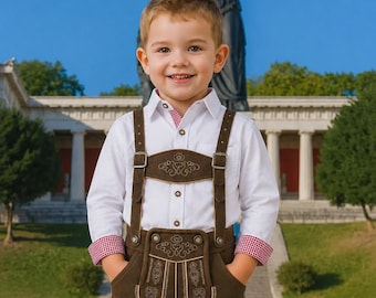 Vêtements d'Oktoberfest pour tout-petits - Bretelles en lederhosen marron avec chemise rouge et blanche - Costume folklorique allemand