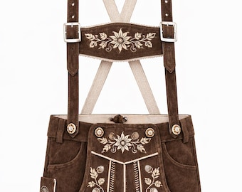 Pantalones de cuero marrones para niños (Lederhosen) – Bordado bávaro, tirantes, traje alpino.
