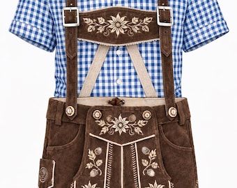 Completo bavarese per bambini: pantaloncini in pelle marrone, bretelle, camicia a quadri, abito bavarese.