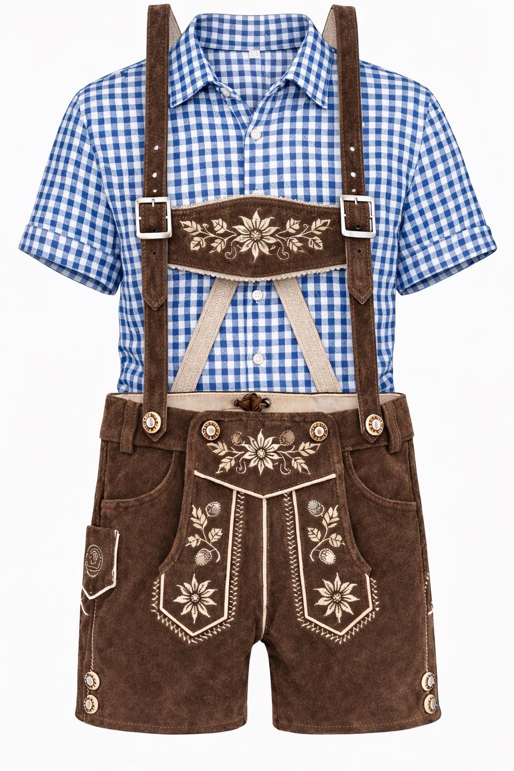Children's Lederhosen Set - Brown Leather Shorts, Suspenders, Checkered Shirt, Bavarian Outfit