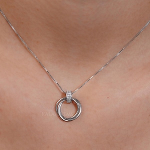 Interlocking Circle Pendant Necklace Three Ring Pave Connector Minimalist Silver Pendant Gift For Her