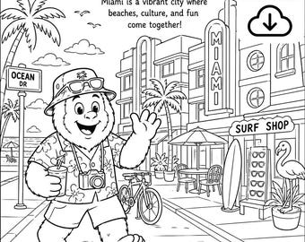 Bigfoot Visits Miami Coloring Page, Squatch Florida Art Activity (Digital Download)