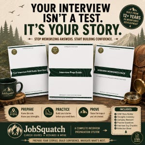 May include: Three white career guide booklets titled Your Interview Field Guide-Start Here, Interview Prep Guide, and Interview Worksheets Pack. The set includes a black mug, a compass, and text stating Your Interview Isn't A Test. It's Your Story.