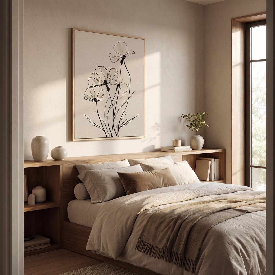 Minimal Line Art Flowers Framed Canvas Wall Art, Black Botanical Line ...