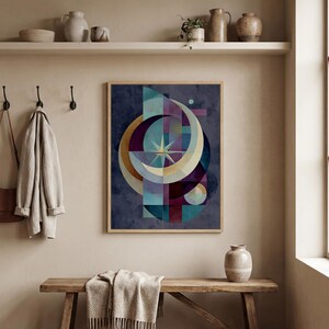 Abstract Geometric Framed Canvas Wall Art, Modern Celestial Design Decor, Bauhaus Style Moon and Circle Artwork, Statement Wall Decor
